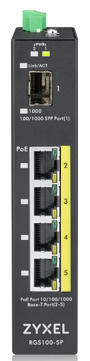 Фотография товара 'Zyxel RGS100-5P Коммутатор 4xGE PoE+, 1xSFP, IP30, два источника питания DC, бюджет PoE 120 Вт'