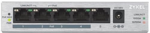 Фотография товара 'Zyxel Коммутатор PoE+  (4xPoE+), настольный, металлический, бесшумный, бюджет PoE 60 Вт, GS1005HP'